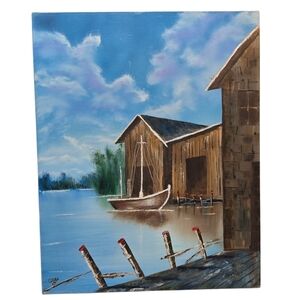 Original Boat at Dock Painting 16x20 signed Gary